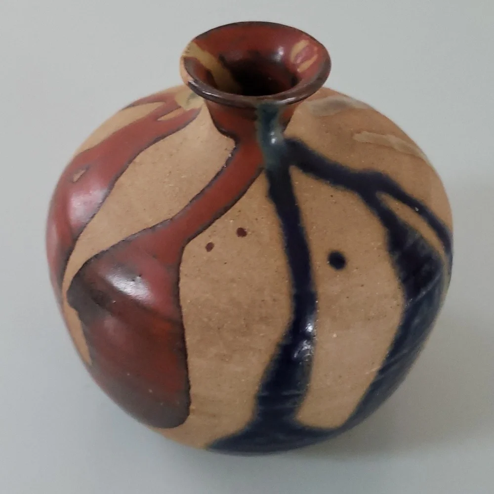 Vintage Vase MCM OMC Japan Pottery mini Glazed Stripes in Tan Brown Blue